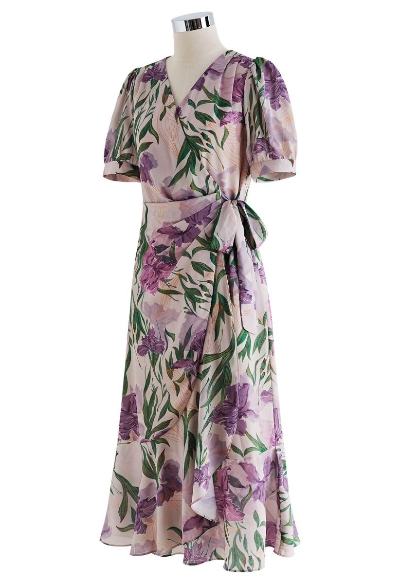 Violet Blossom Chiffon Wrap Midi Dress