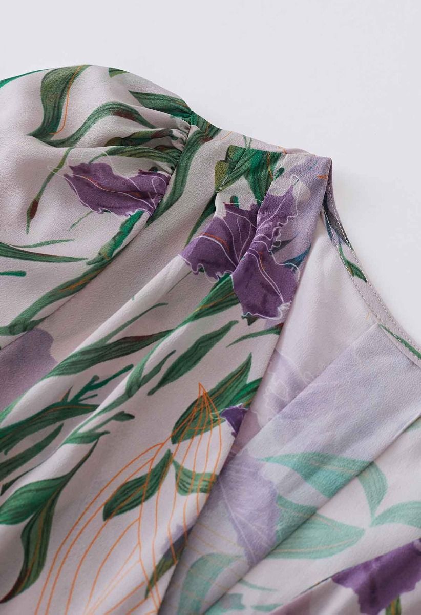 Violet Blossom Chiffon Wrap Midi Dress