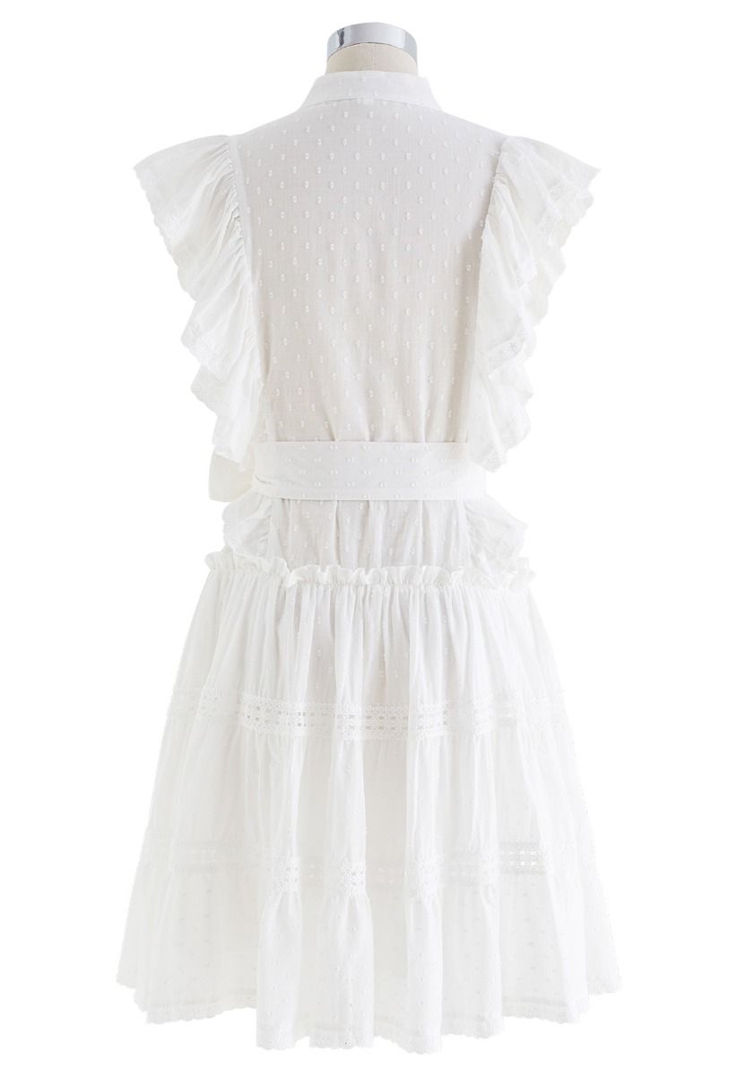 Flock Dot Cutwork Trim Button Down Dress in White