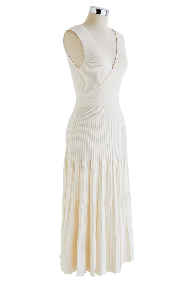 Cut Out Back Faux-Wrap Sleeveless Knitted Midi Dress in Cream