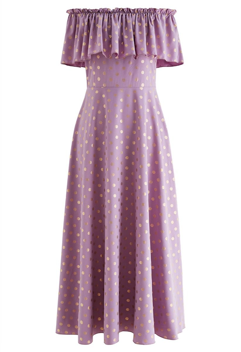 Golden Dotted Ruffled Overlay Off-Shoulder Dress in Lilac