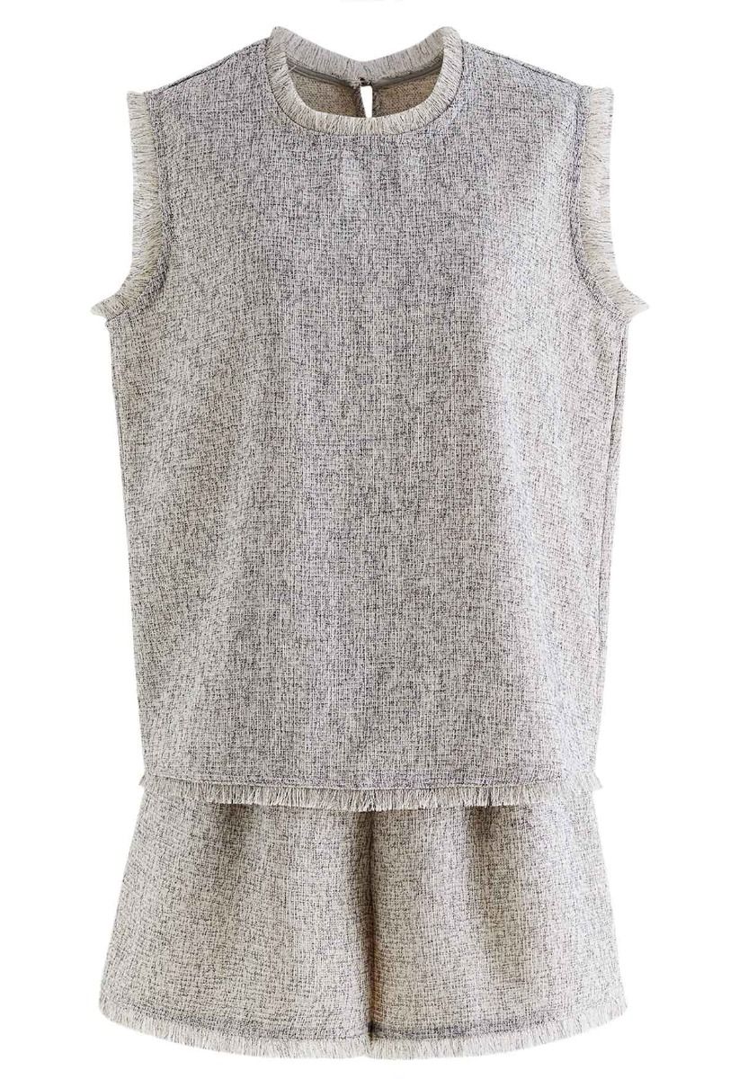 Fringed Edge Sleeveless Tweed Top and Shorts Set in Grey