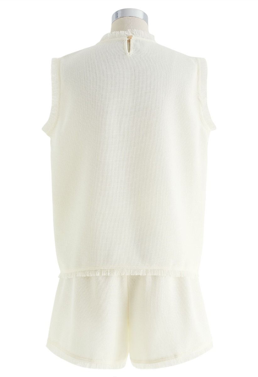 Fringed Edge Sleeveless Tweed Top and Shorts Set in White