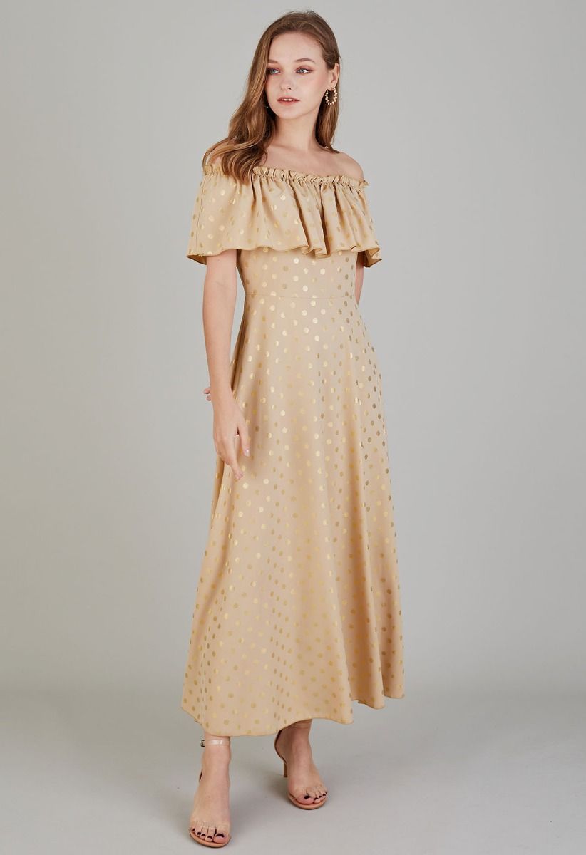 Golden Dotted Ruffled Overlay Off-Shoulder Dress in Apricot