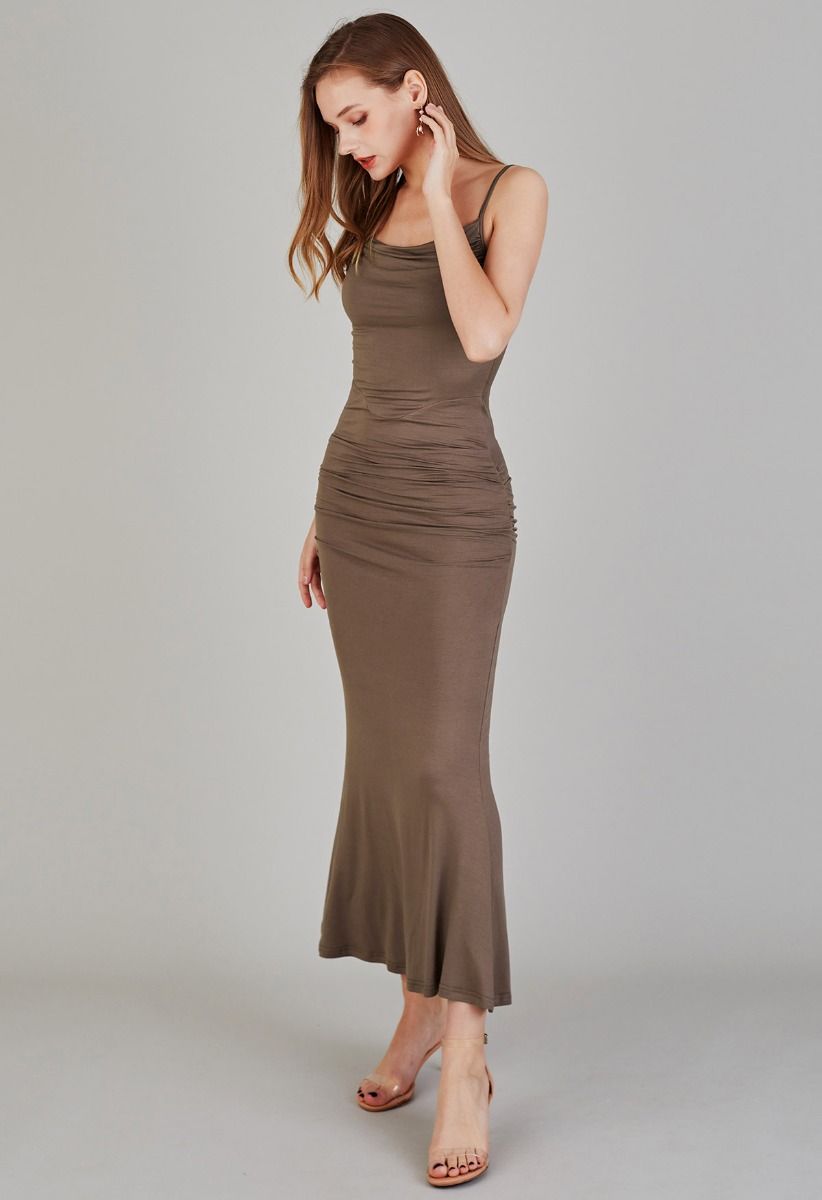Side Ruched Bodycon Cami Maxi Dress in Brown
