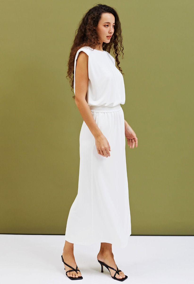 Effortless Pad Shoulder Sleeveless Top and Maxi Skirt Set in White
