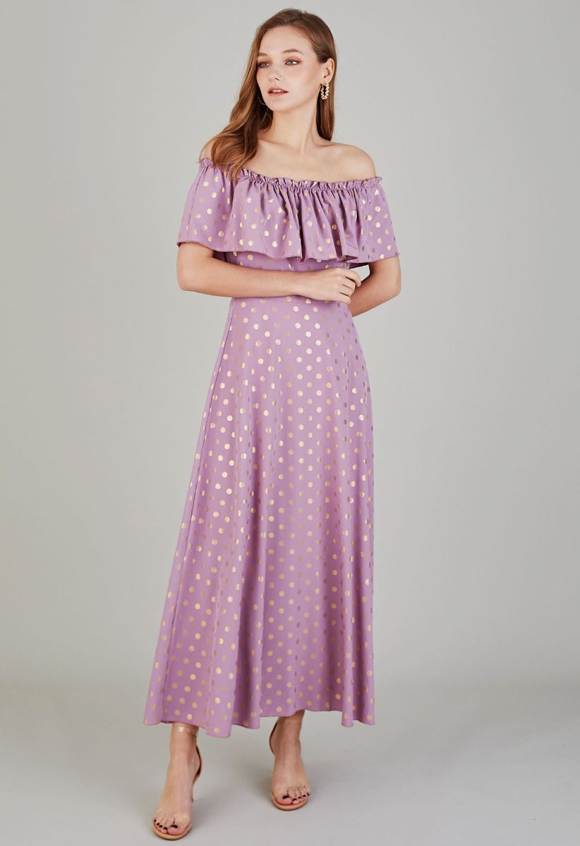 Golden Dotted Ruffled Overlay Off-Shoulder Dress in Lilac