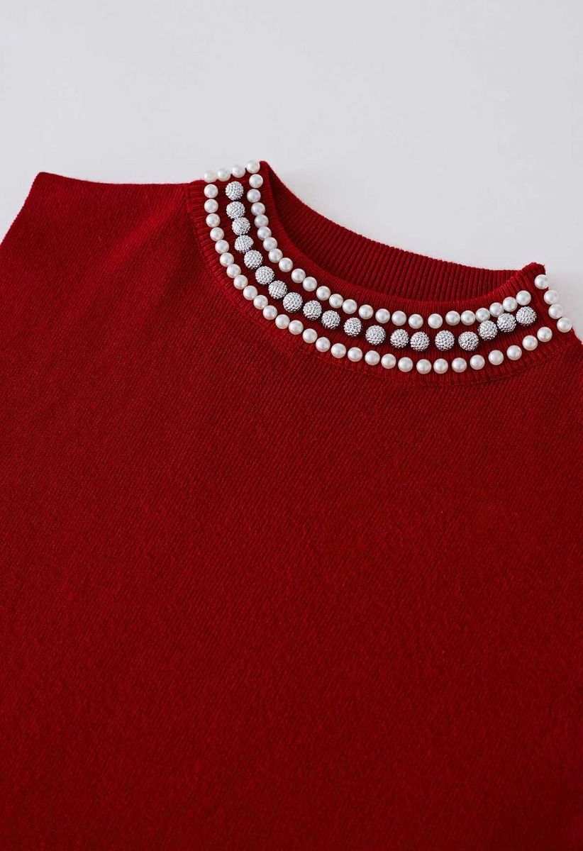 Pearl Embellished Mock Neck Sleeveless Knit Top in Burgundy