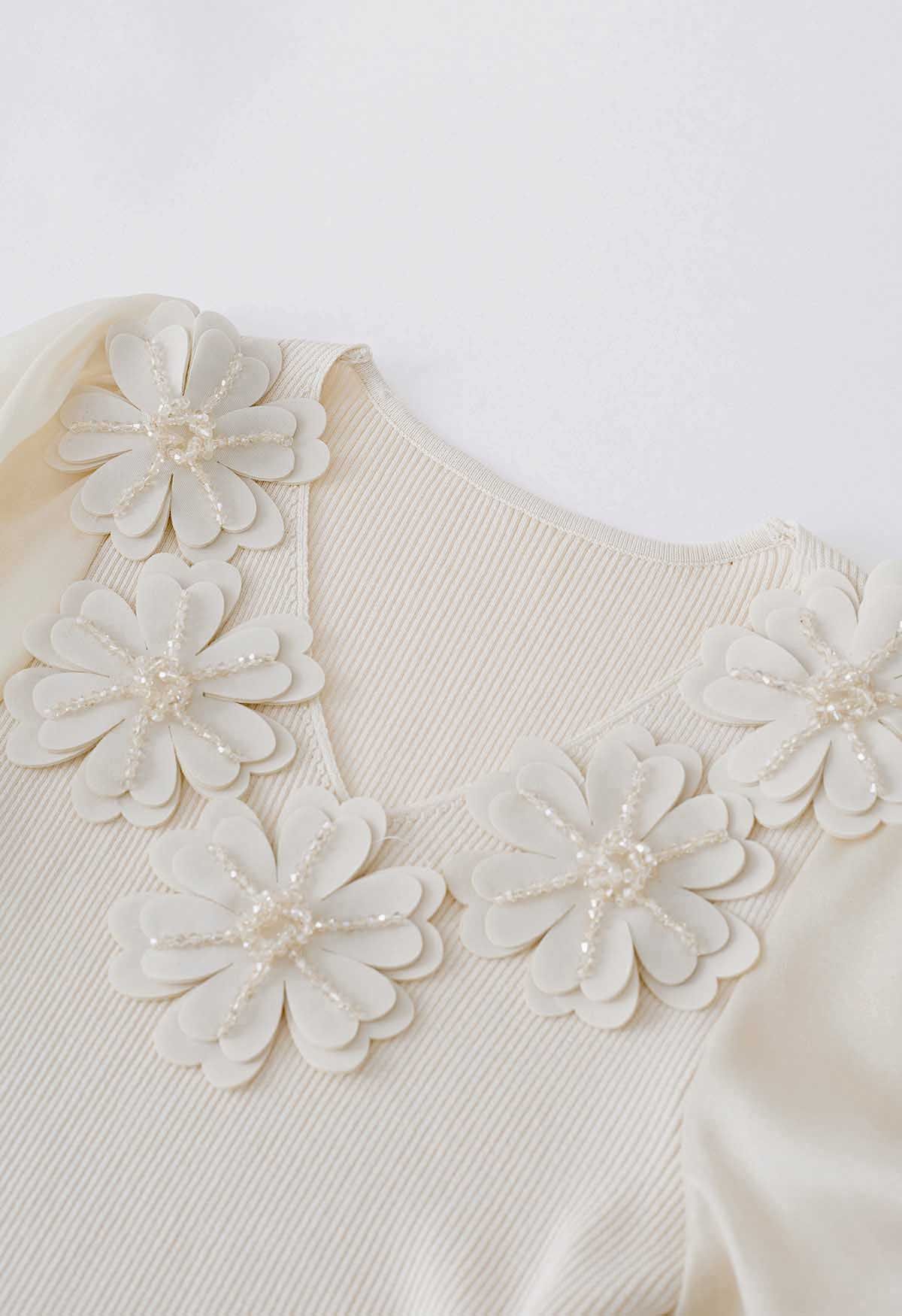 3D Flower Bubble Sleeve Knit Top in Cream