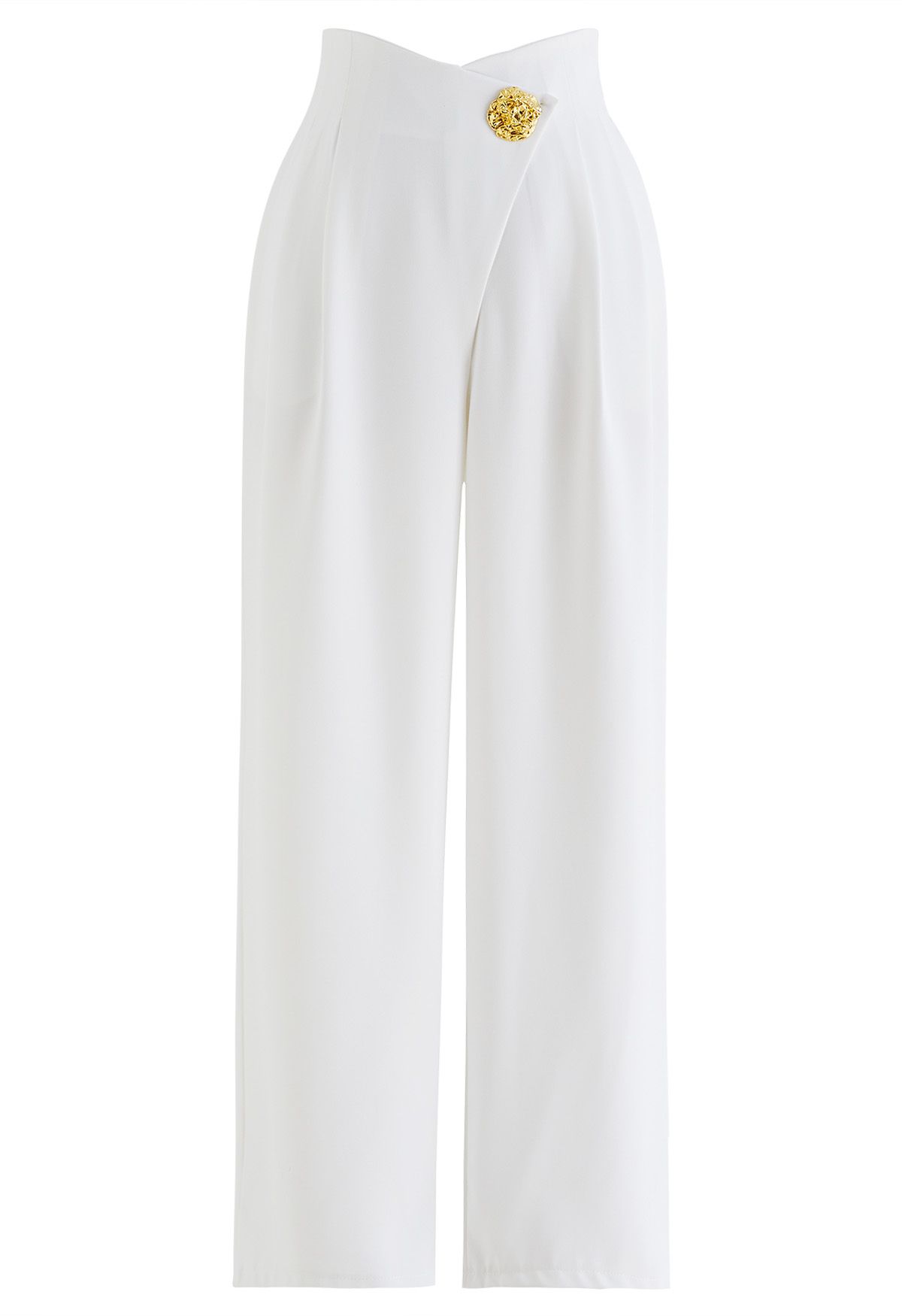 Golden Button Cross Waist Straight-Leg Pants in White