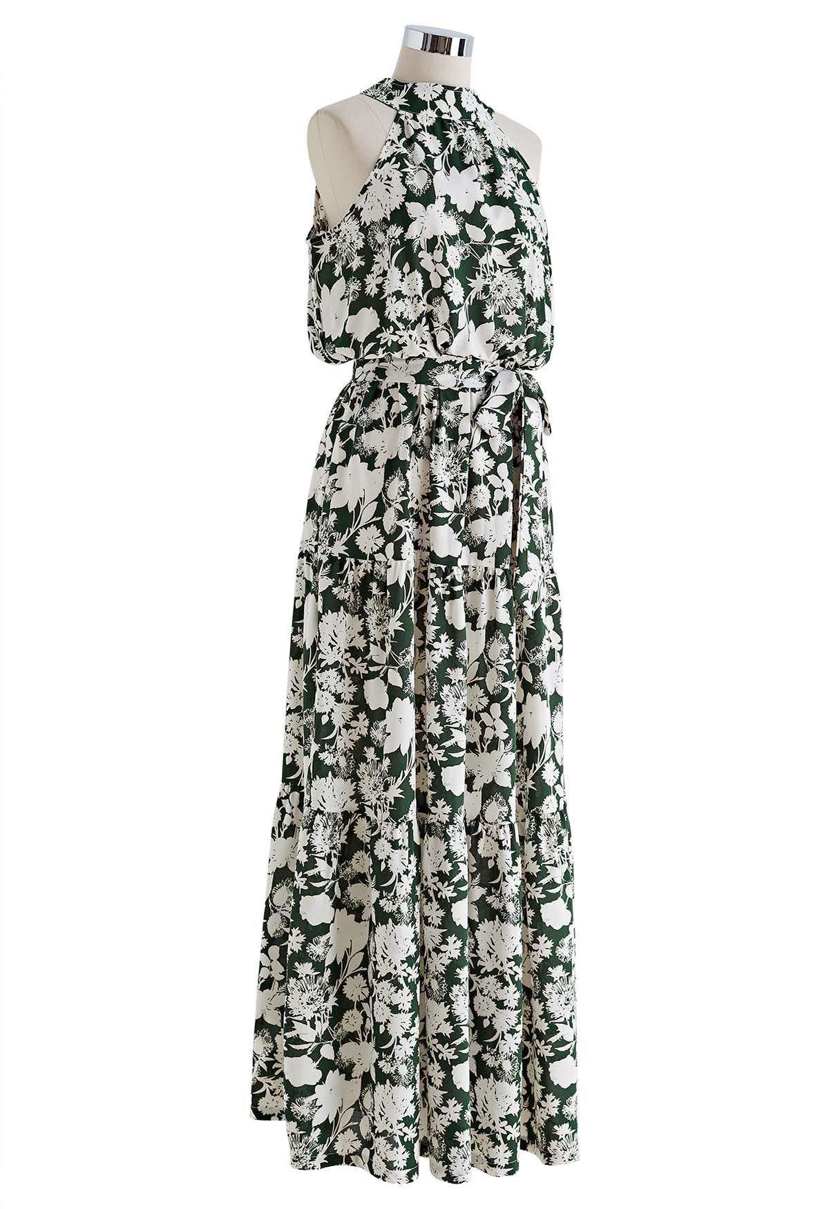 Halter Neck Tie Waist Maxi Dress in Green Floral