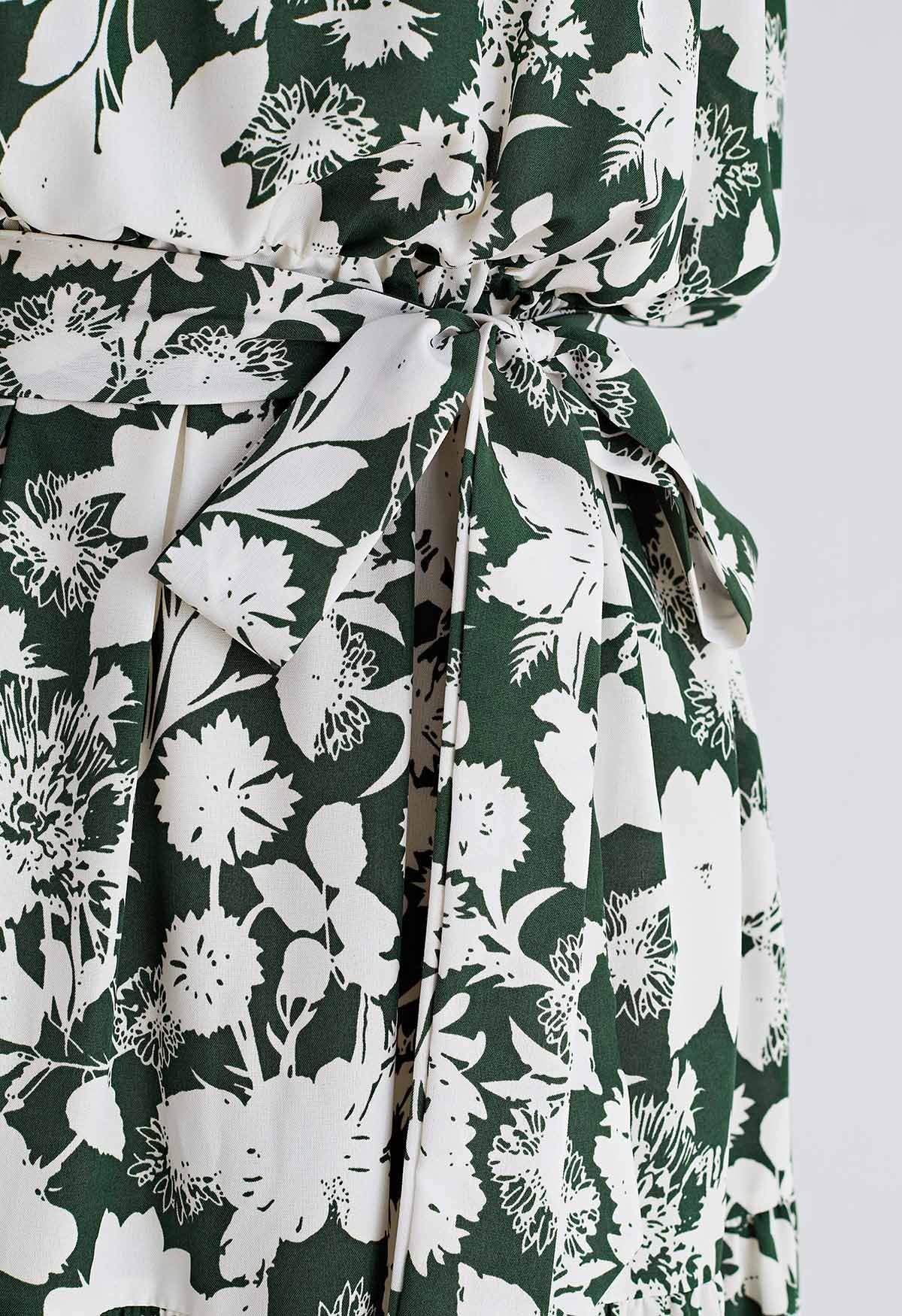 Halter Neck Tie Waist Maxi Dress in Green Floral