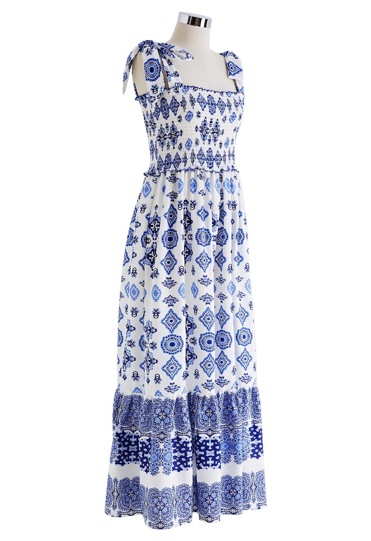 Blue Tiles Printed Tie-Strap Maxi Dress