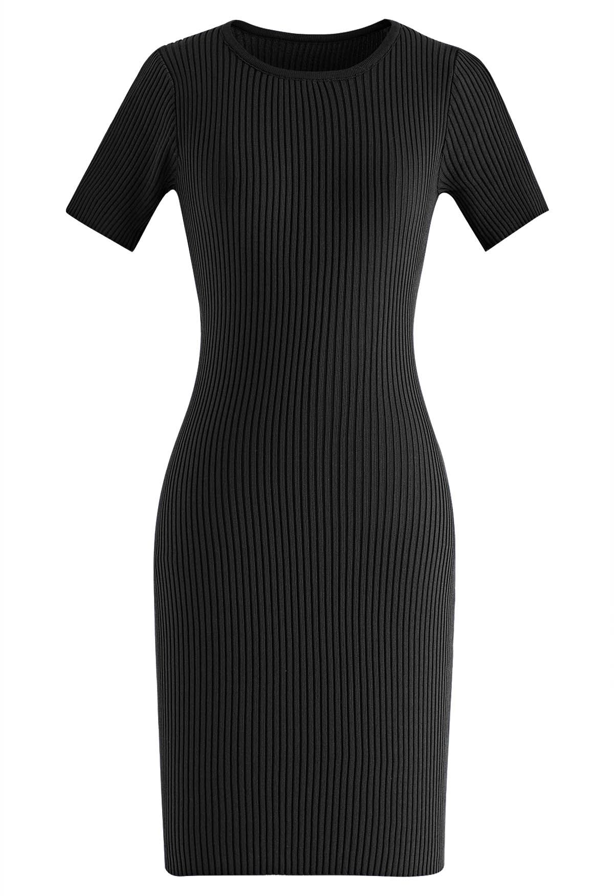 Self-Tie Ribbon Back Cutout Bodycon Dress in Black