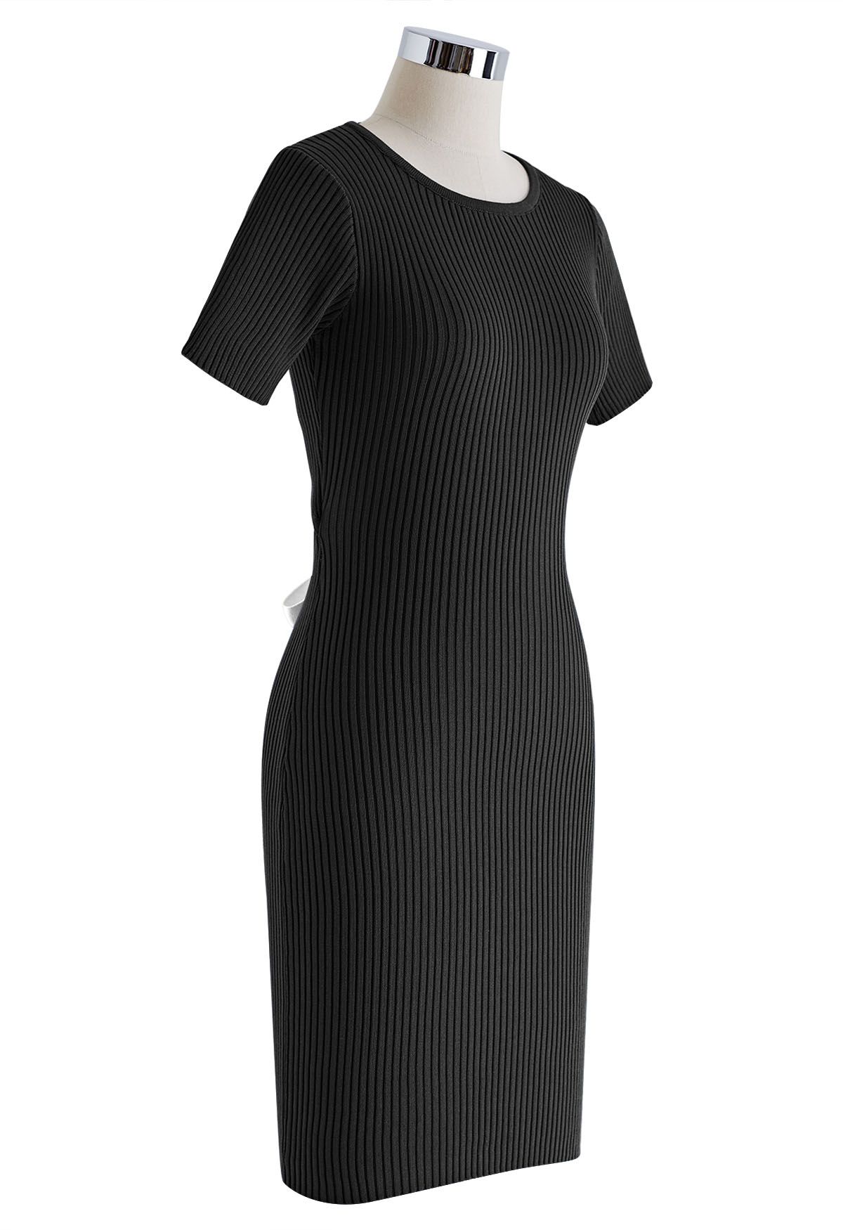 Self-Tie Ribbon Back Cutout Bodycon Dress in Black