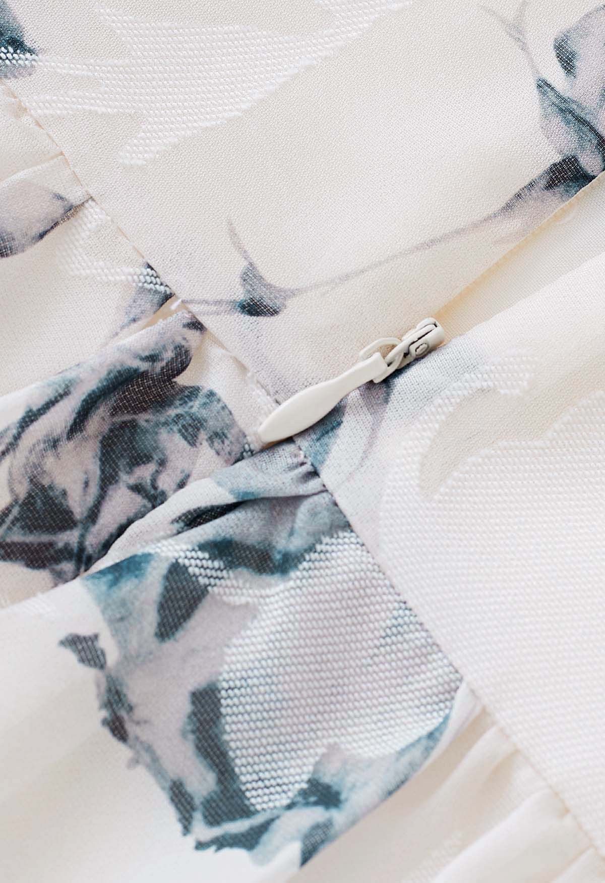 Sweetheart Neckline Tie-Strap Midi Dress in Ink Flower Buds