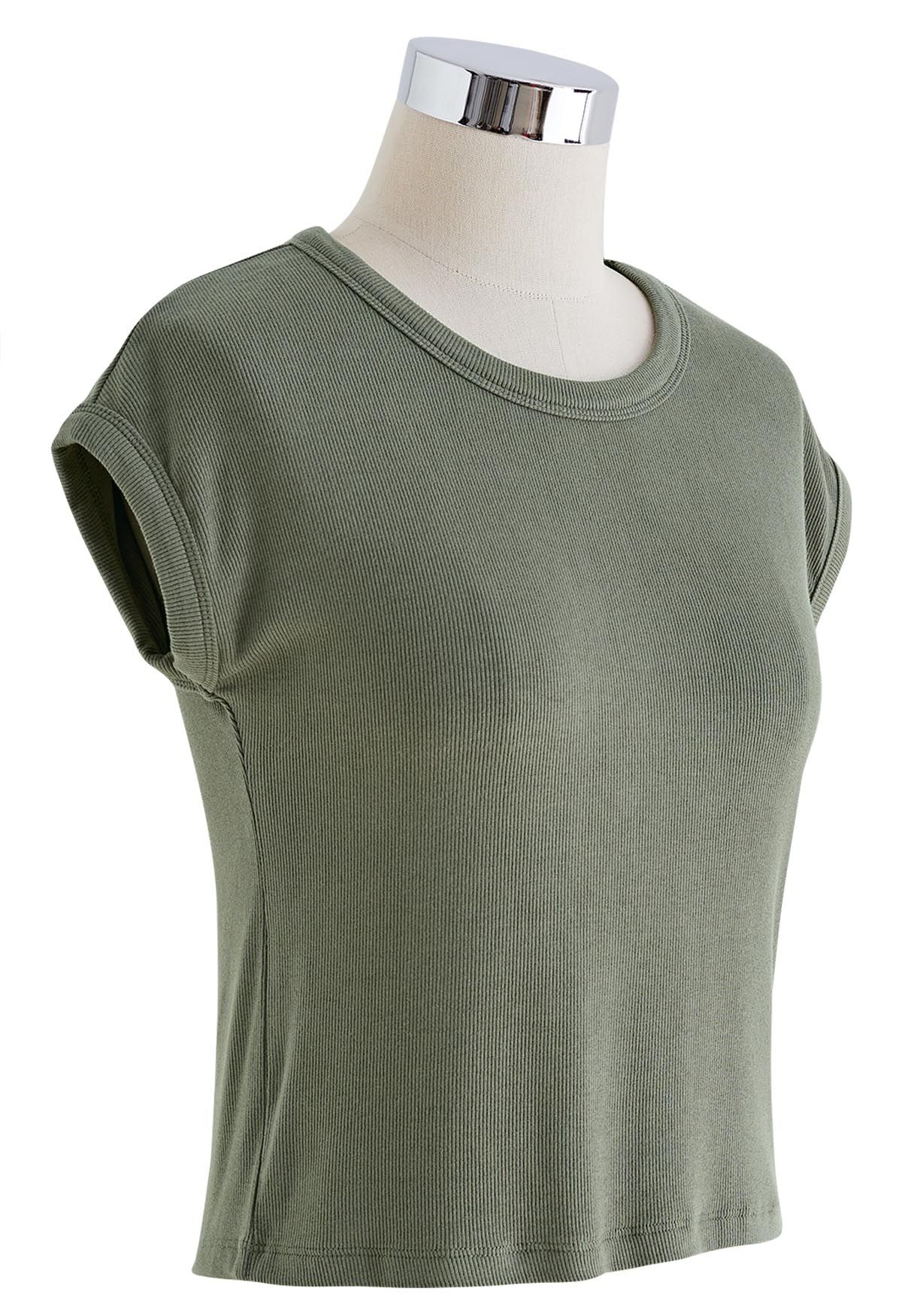 Elegant Crew Neck Cotton Crop Top in Olive