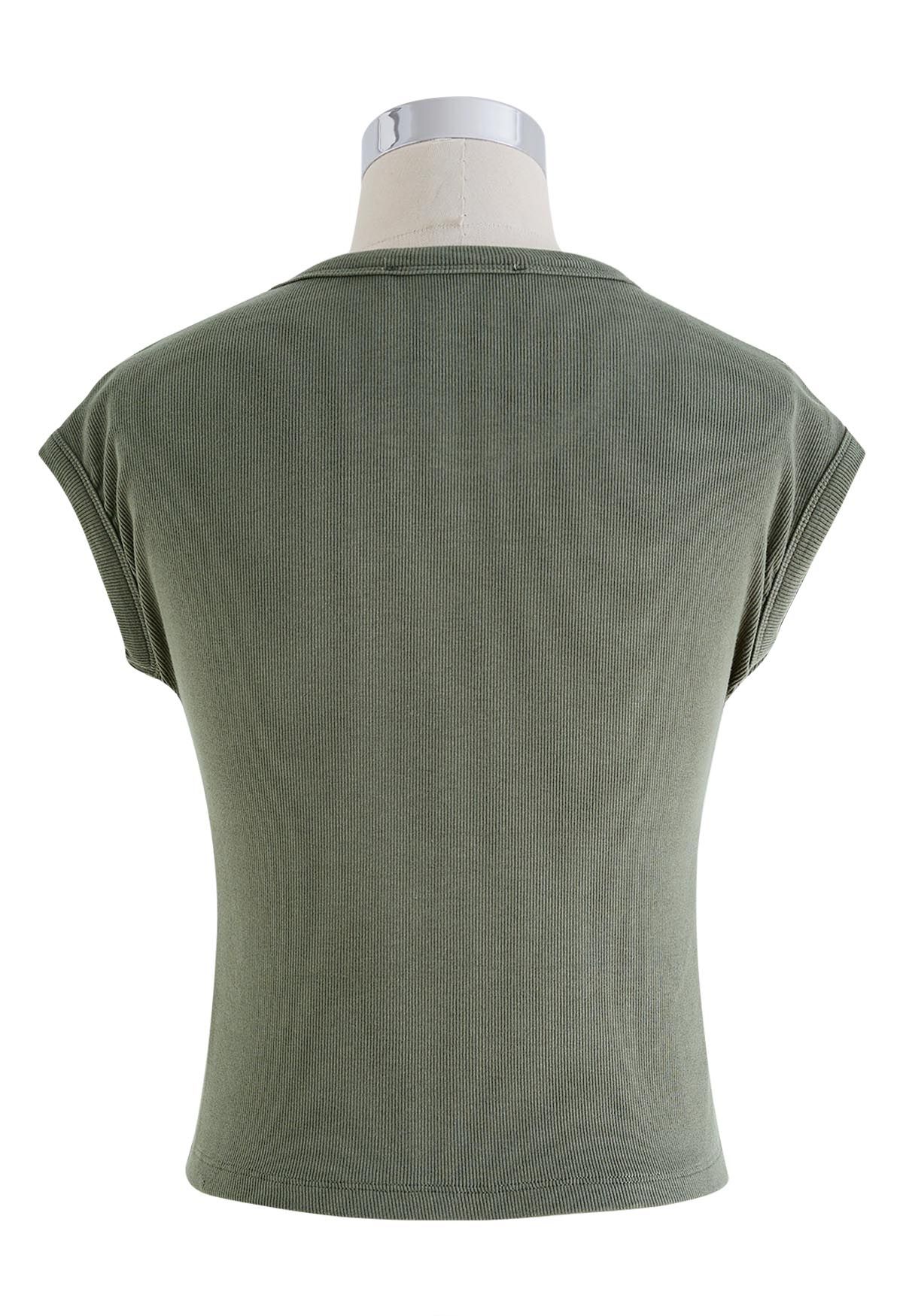 Elegant Crew Neck Cotton Crop Top in Olive