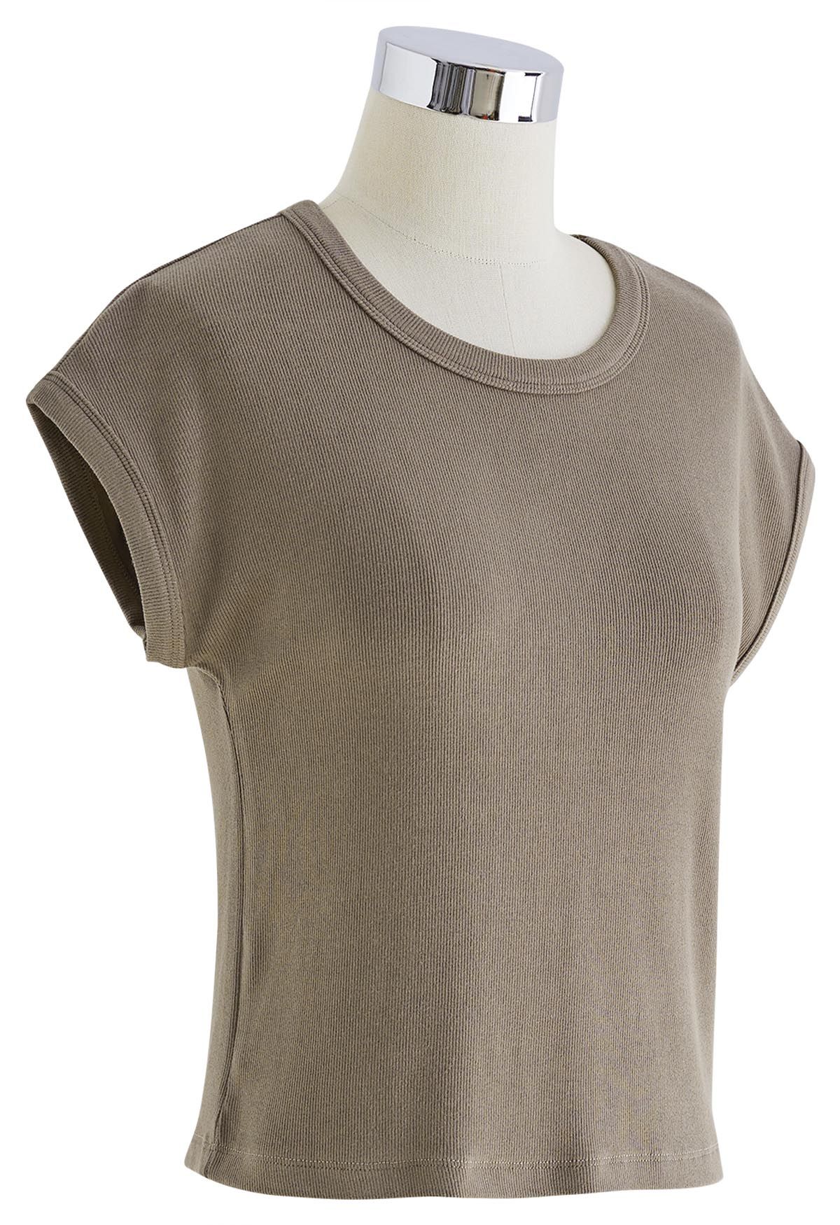 Elegant Crew Neck Cotton Crop Top in Taupe