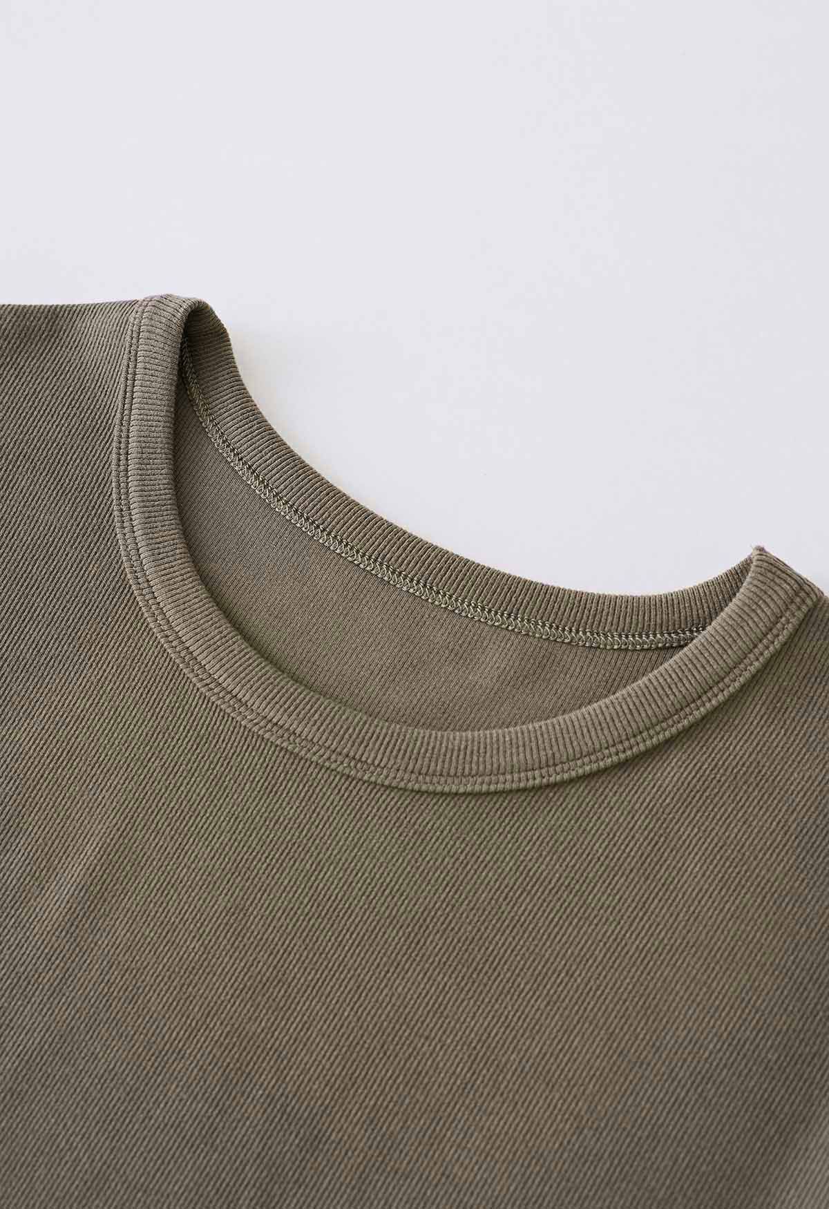 Elegant Crew Neck Cotton Crop Top in Taupe