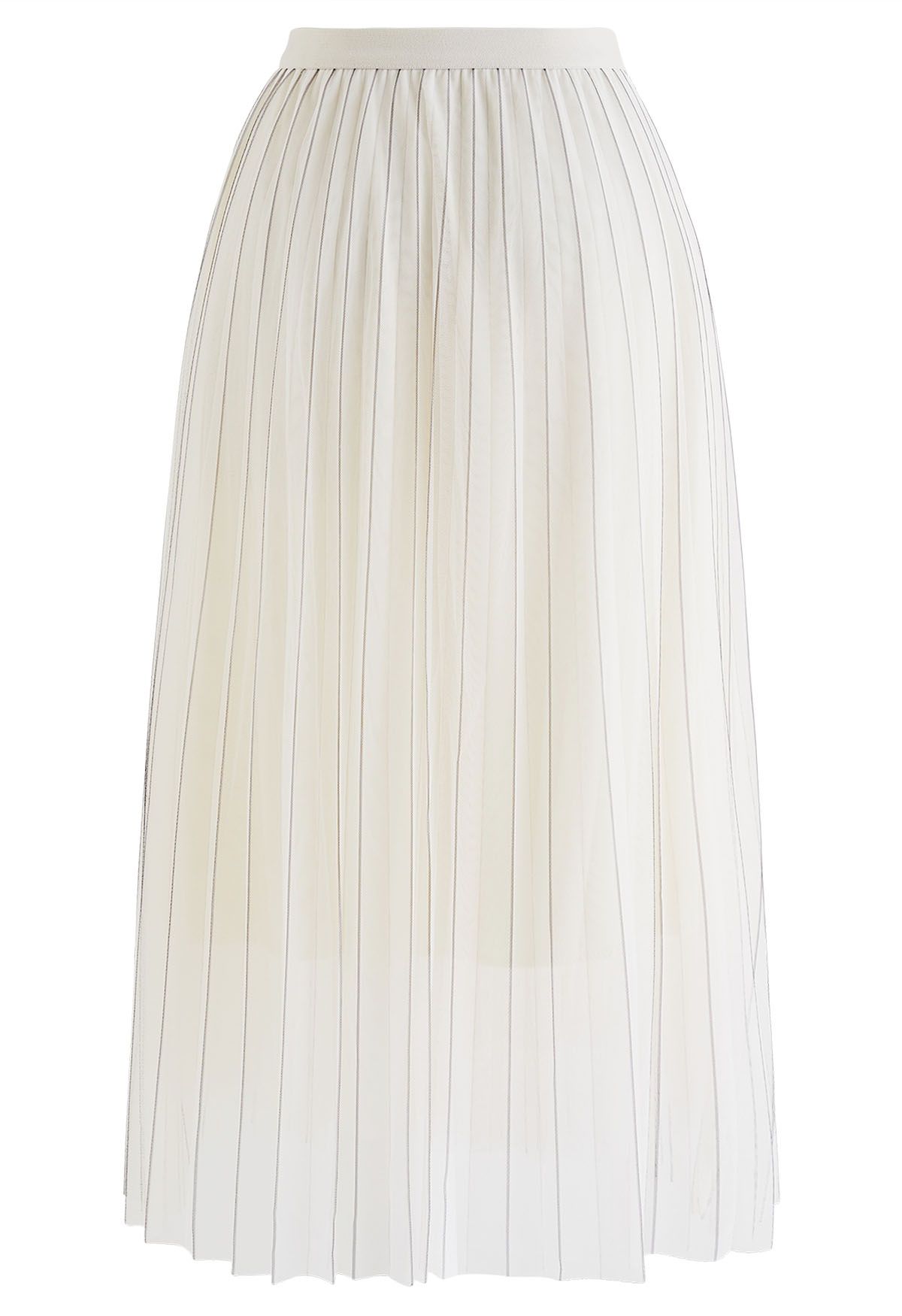 Contrast Lines Pleated Mesh Tulle Midi Skirt in Cream