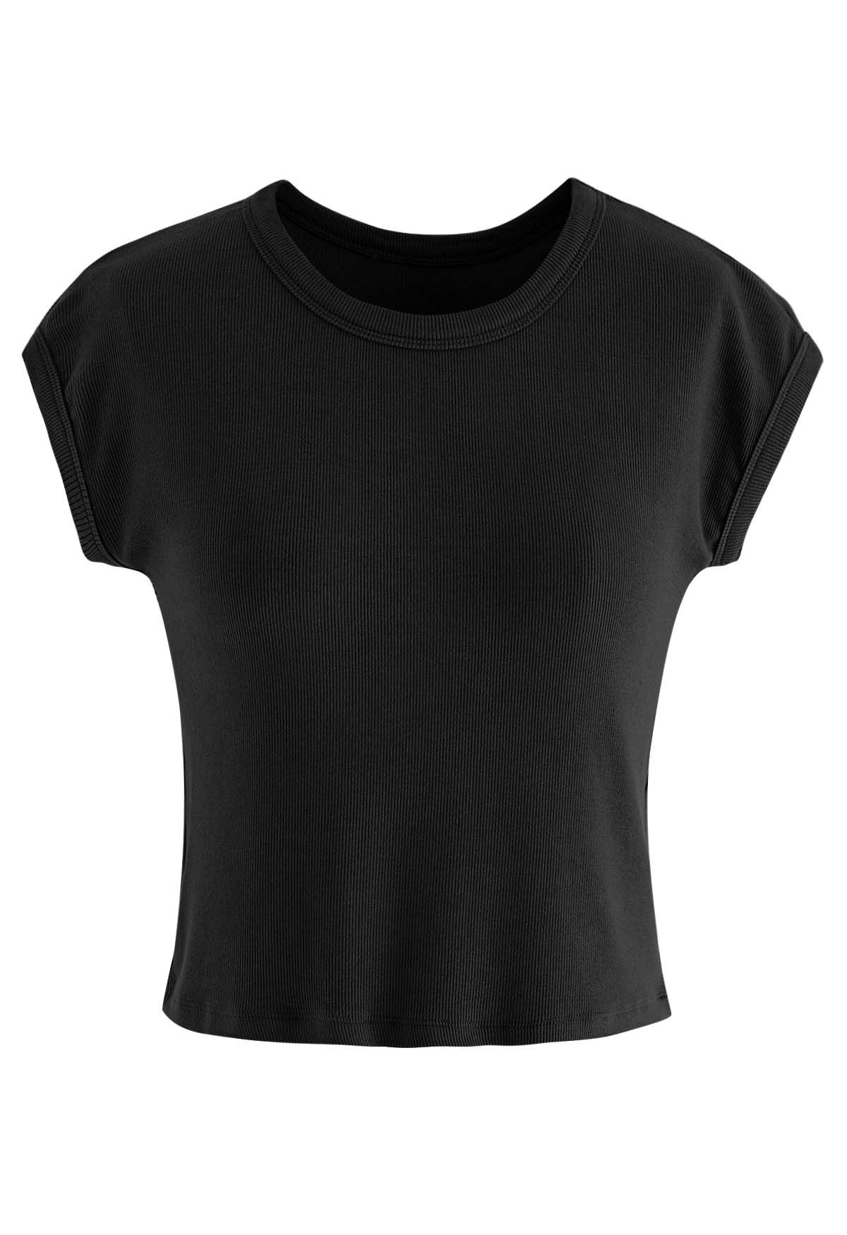 Elegant Crew Neck Cotton Crop Top in Black