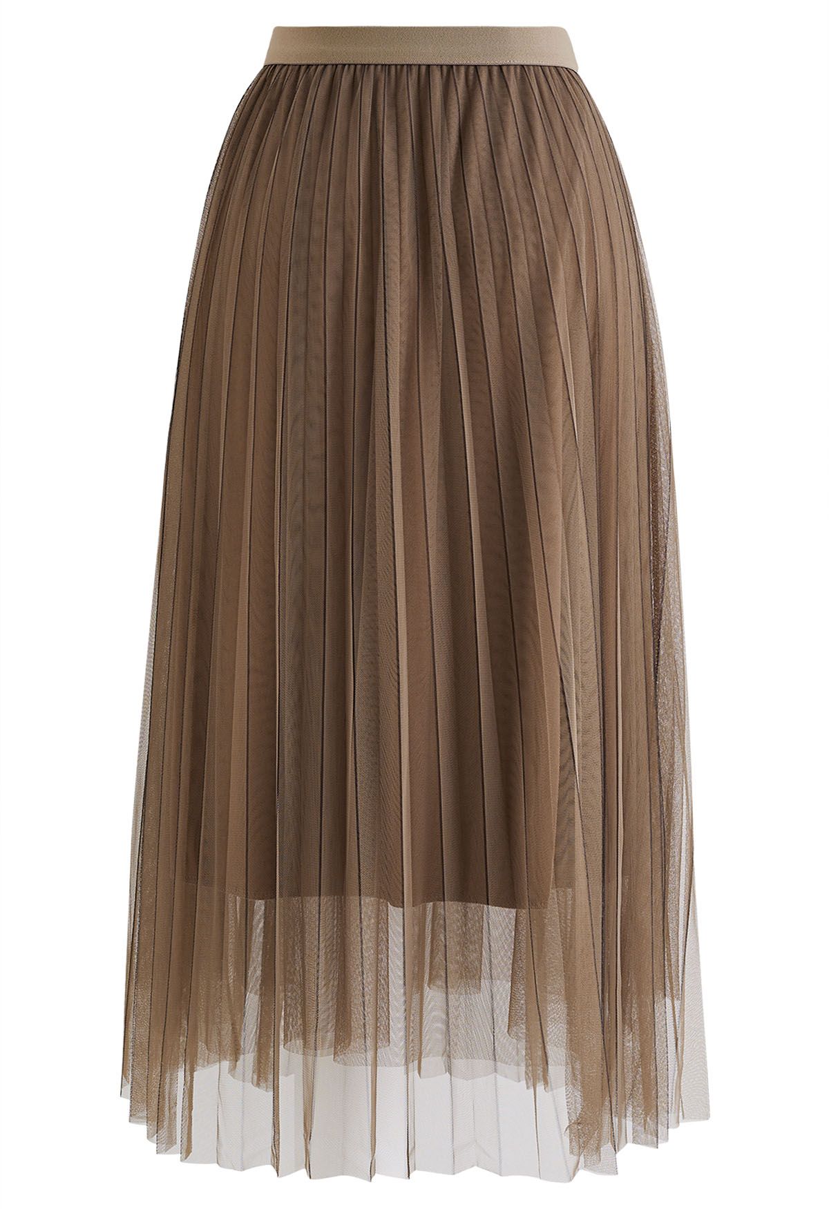 Contrast Lines Pleated Mesh Tulle Midi Skirt in Brown