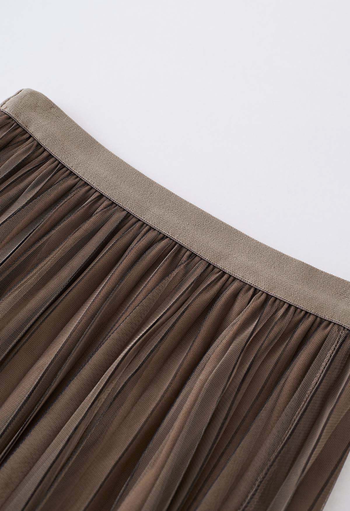 Contrast Lines Pleated Mesh Tulle Midi Skirt in Brown