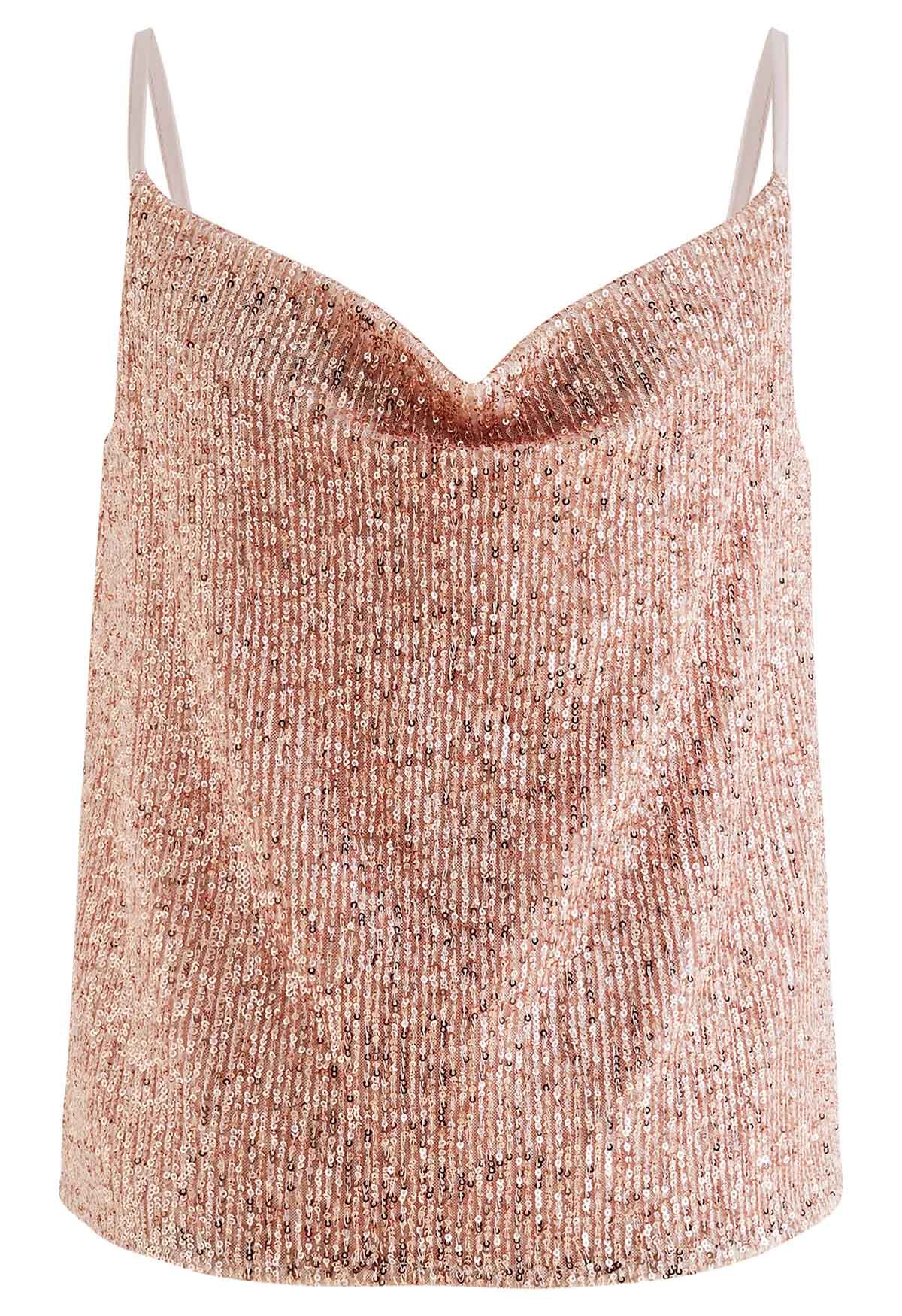 Cowl Neck Sequined Cami Top in Pink