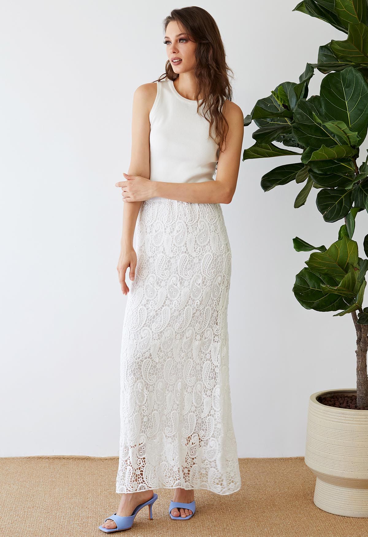 Paisley Cutwork Lace Maxi Skirt in White