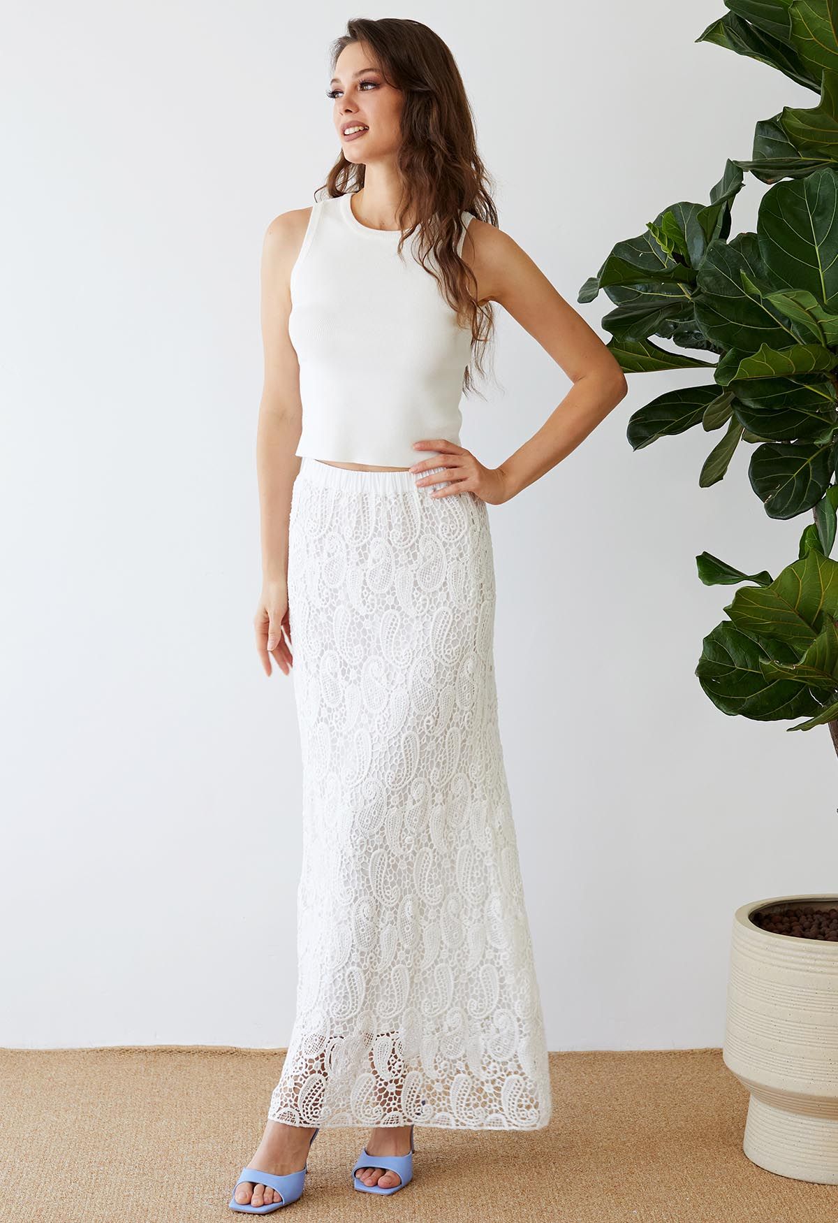 Paisley Cutwork Lace Maxi Skirt in White