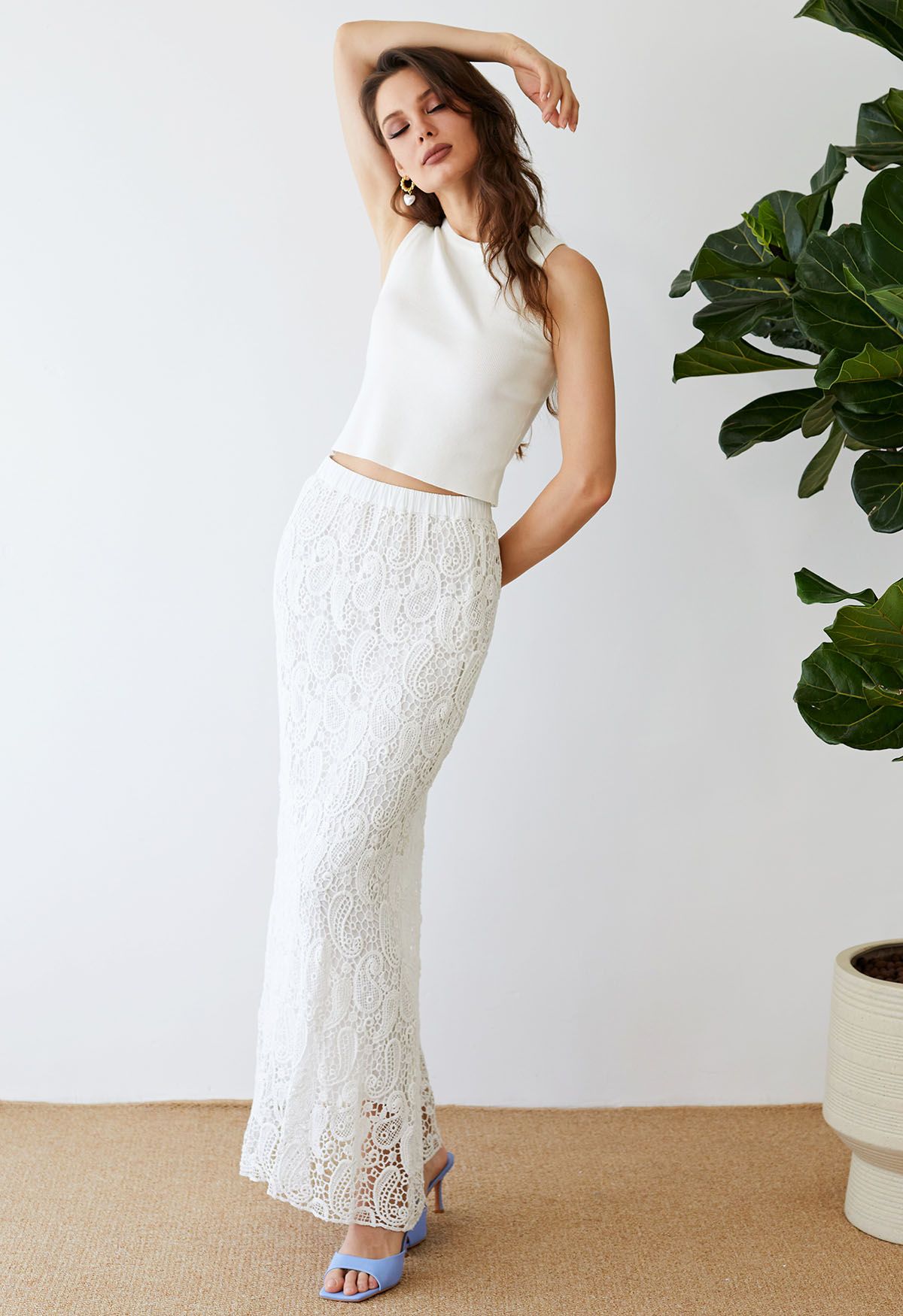 Paisley Cutwork Lace Maxi Skirt in White