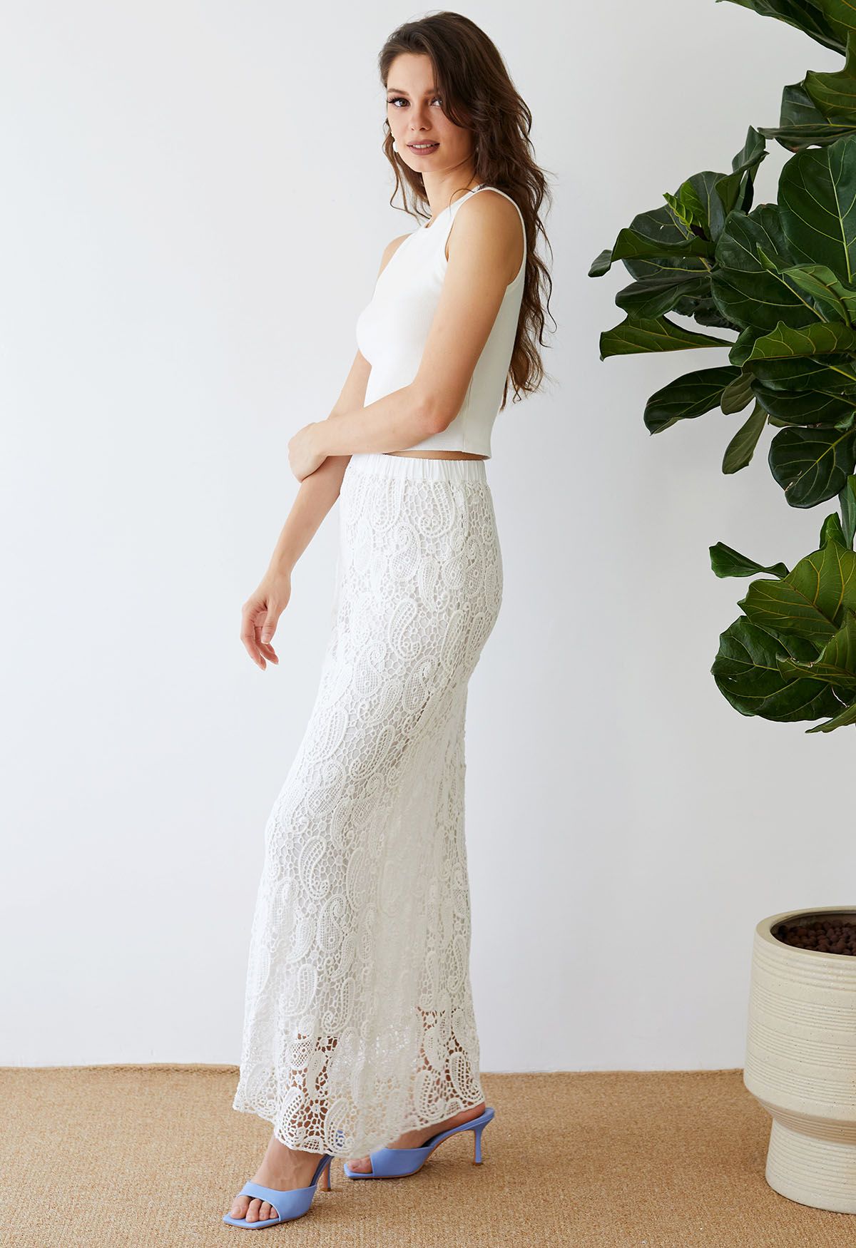 Paisley Cutwork Lace Maxi Skirt in White