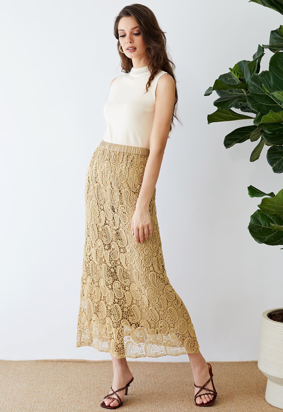 Paisley Cutwork Lace Maxi Skirt in Tan