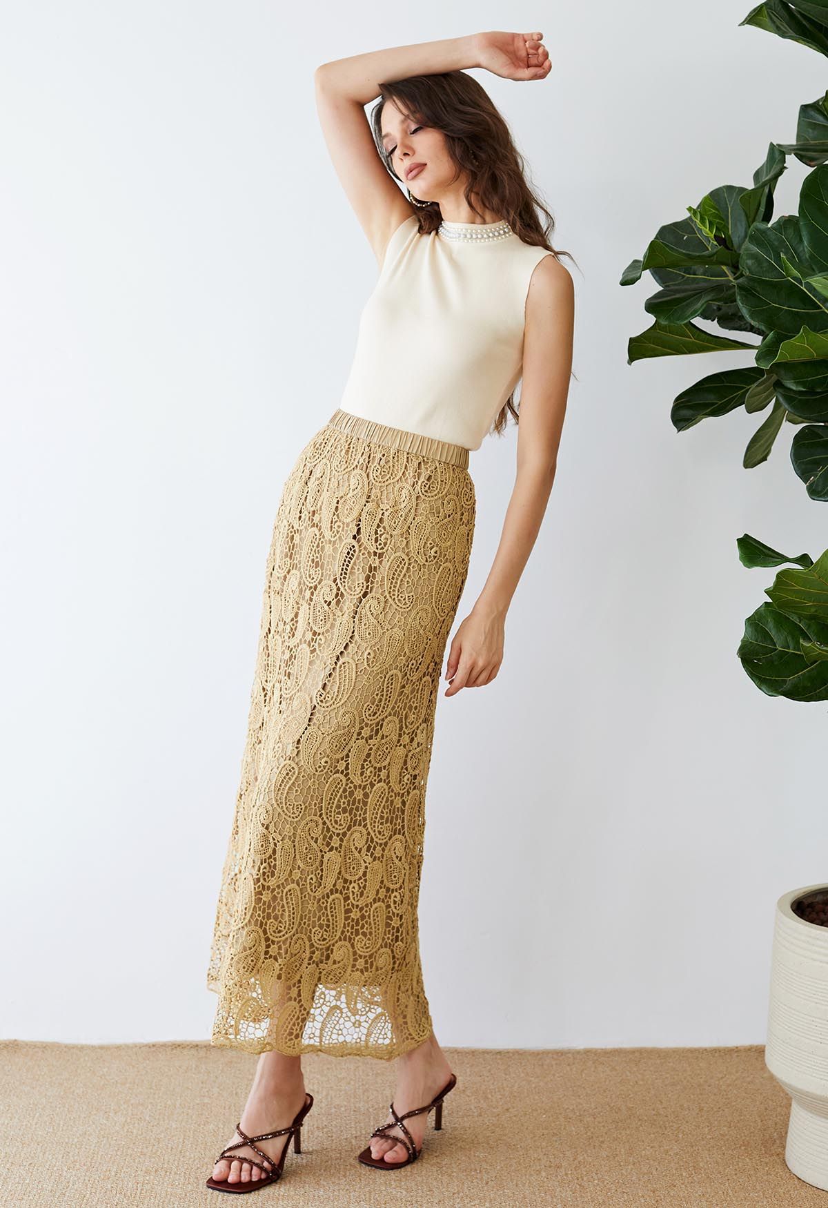 Paisley Cutwork Lace Maxi Skirt in Tan