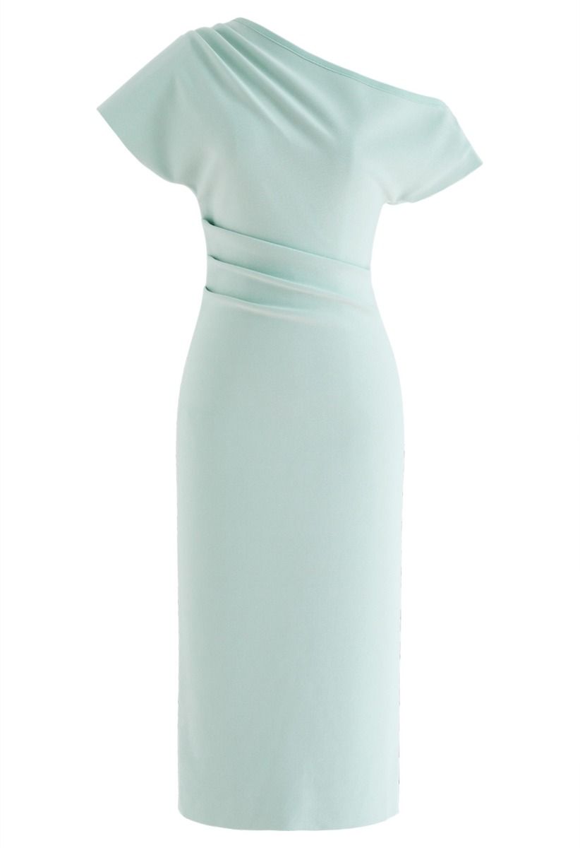 Slanted One-Shoulder Bodycon Dress in Mint