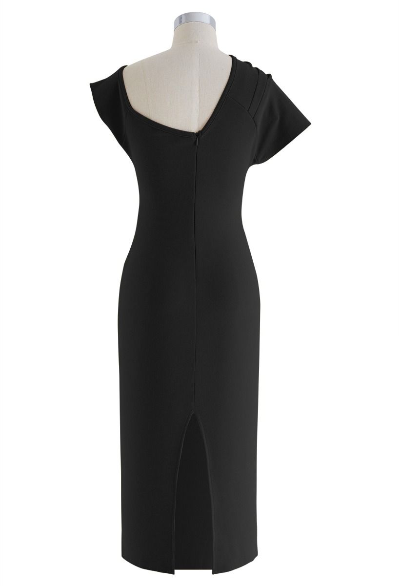 Slanted One-Shoulder Bodycon Dress in Black