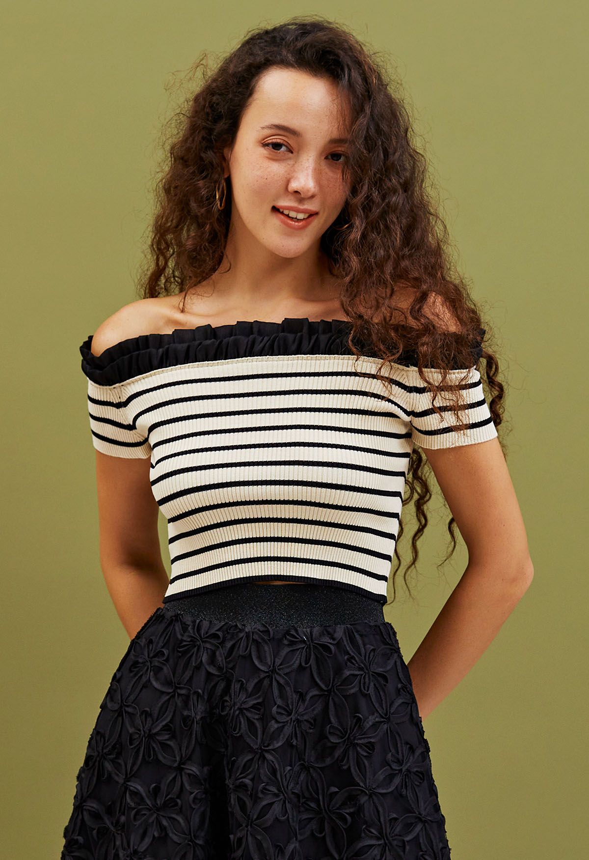 Tiered Ruffle Off-Shoulder Stripe Knit Crop Top