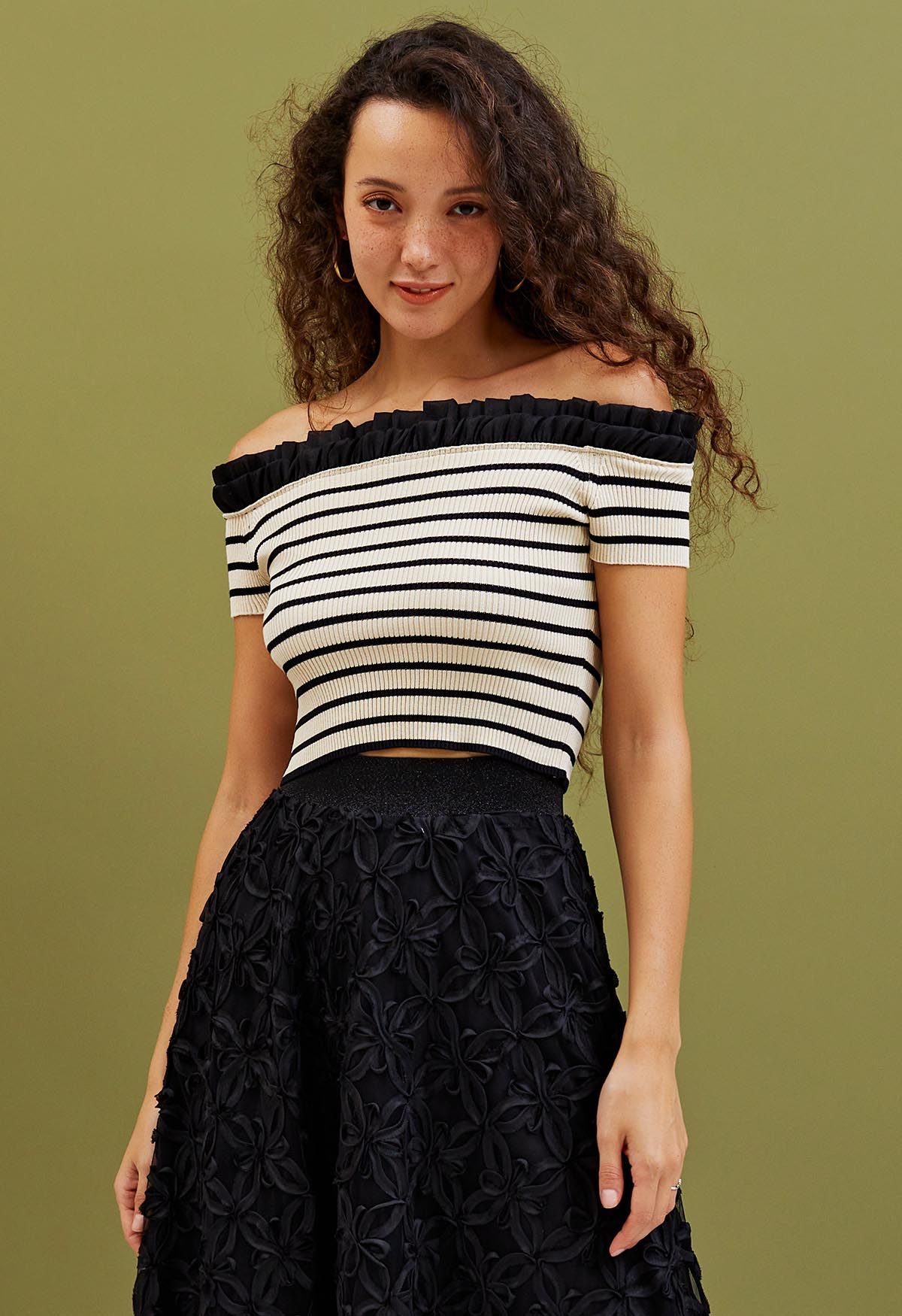 Tiered Ruffle Off-Shoulder Stripe Knit Crop Top