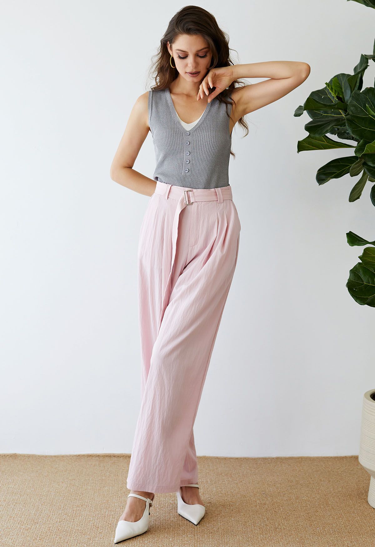 Drape Belt Side Pocket Straight-Leg Pants in Pink