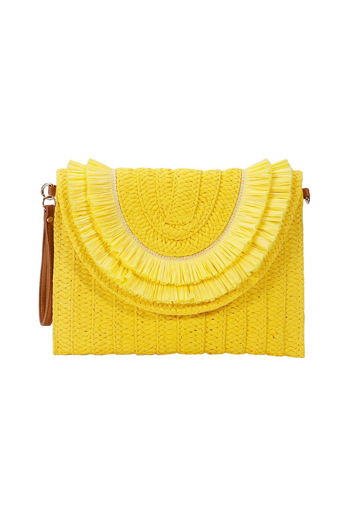 Raffia Solid Color Envelope Bag in Yellow