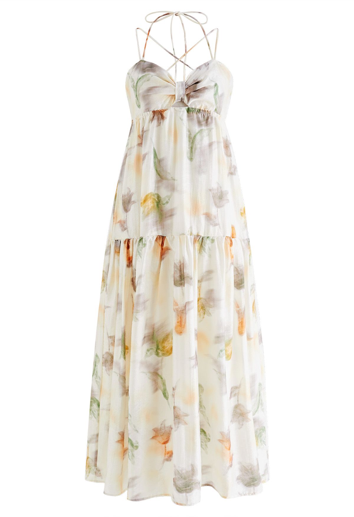 Tie Back Knotted Watercolor Floral Maxi Dress
