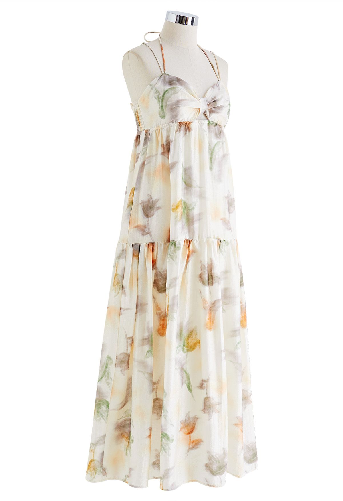 Tie Back Knotted Watercolor Floral Maxi Dress