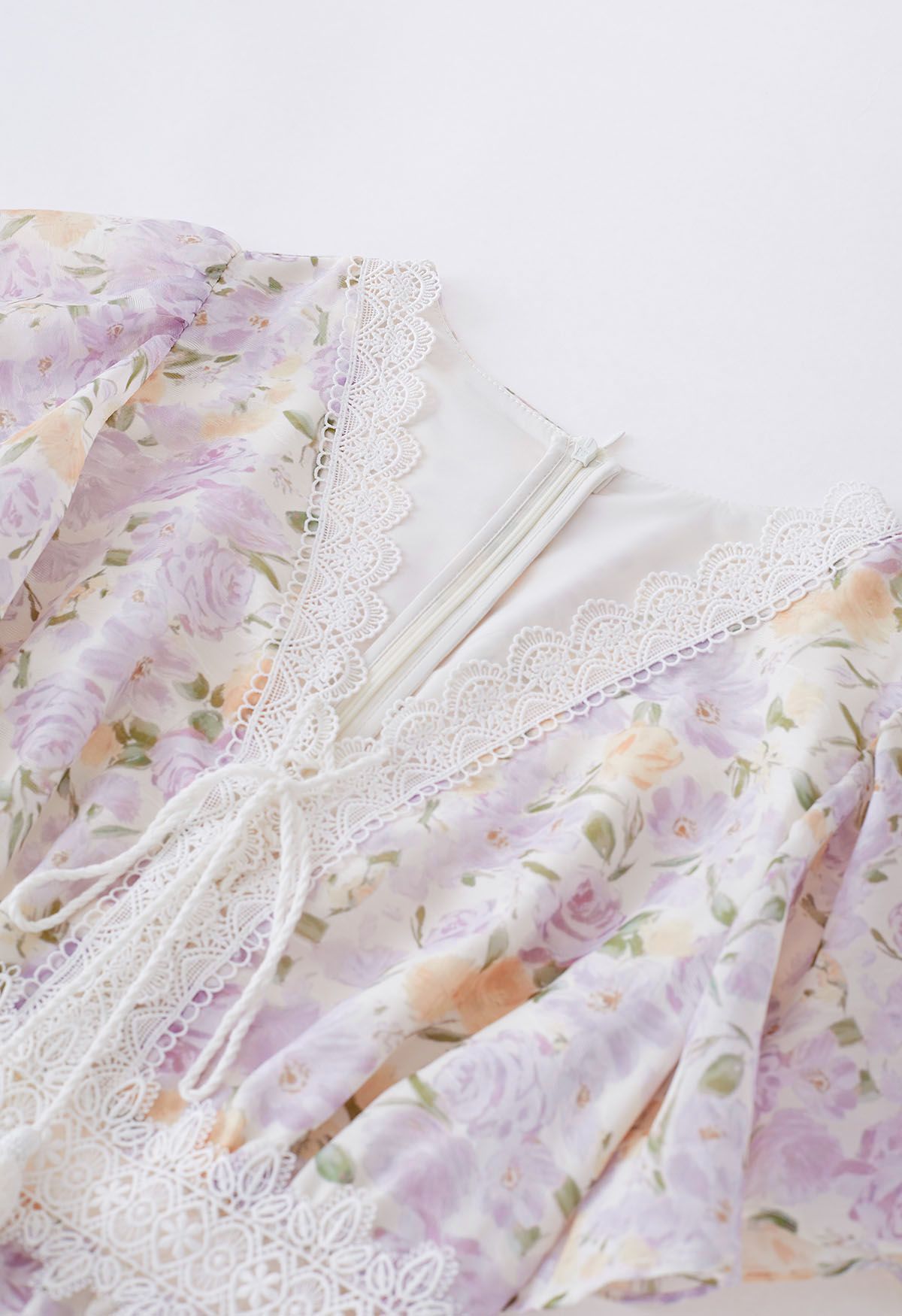 Scalloped V-Neck Watercolor Floral Midi Dress in Lilac