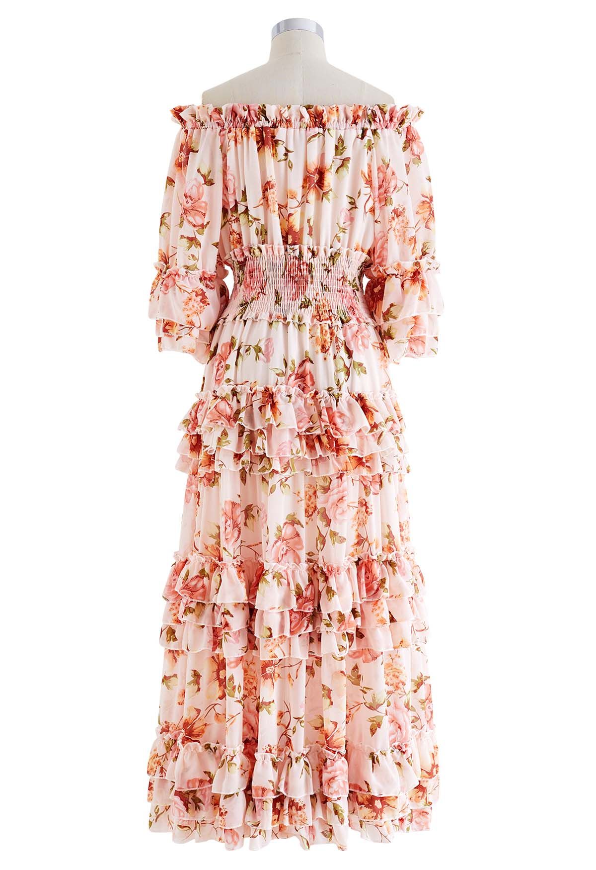 Tiered Ruffle Floral Off-Shoulder Chiffon Maxi Dress in Blush
