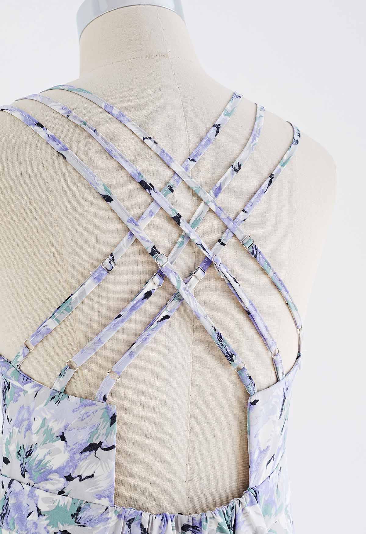Cross Open Back Floral Printed Cami Midi Dress in Lavender