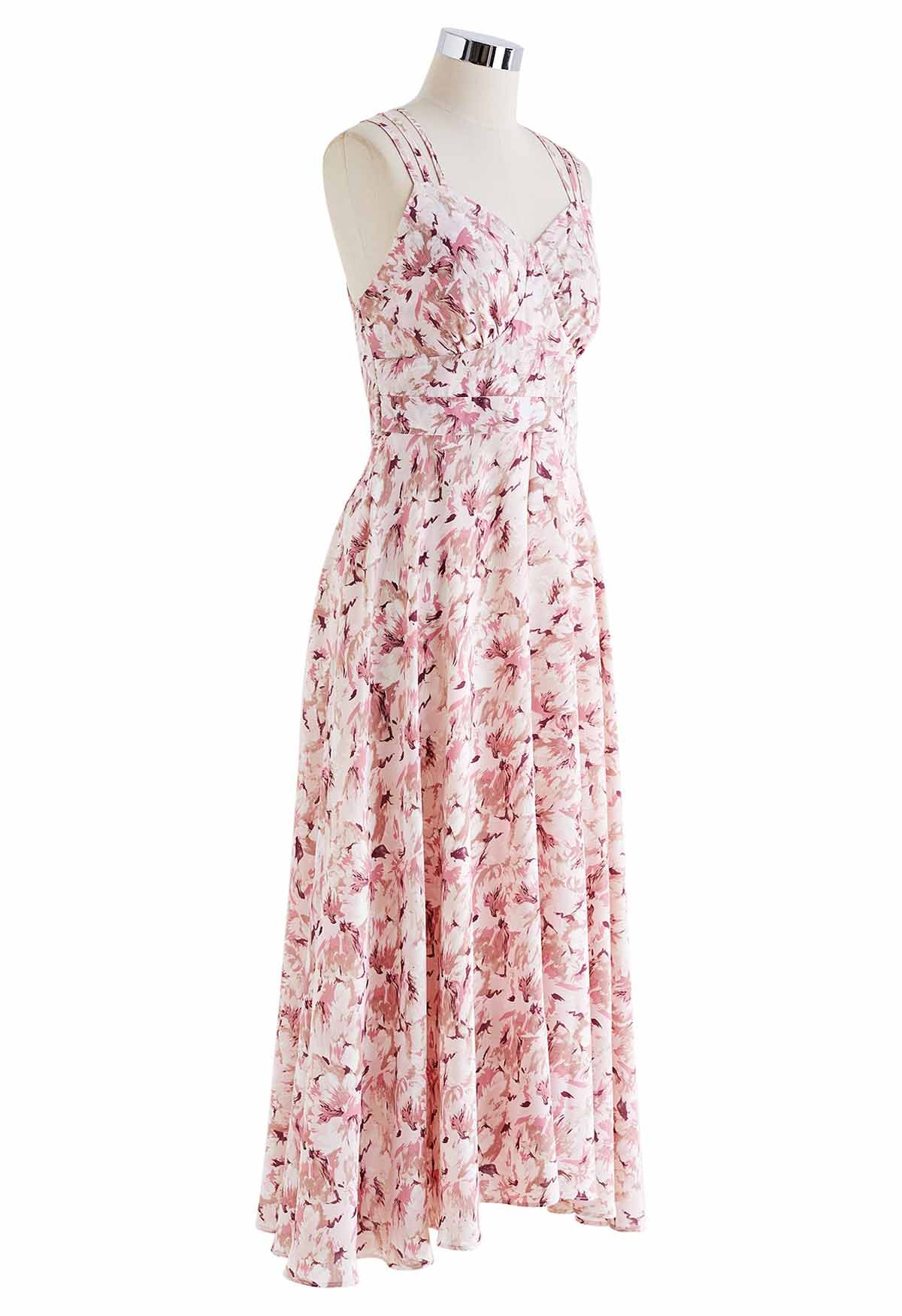 Cross Open Back Floral Printed Cami Midi Dress in Pink