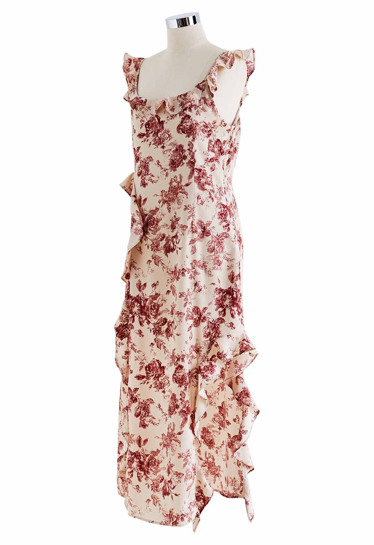 Rust Flower Ruffle Side Slit Cami Dress