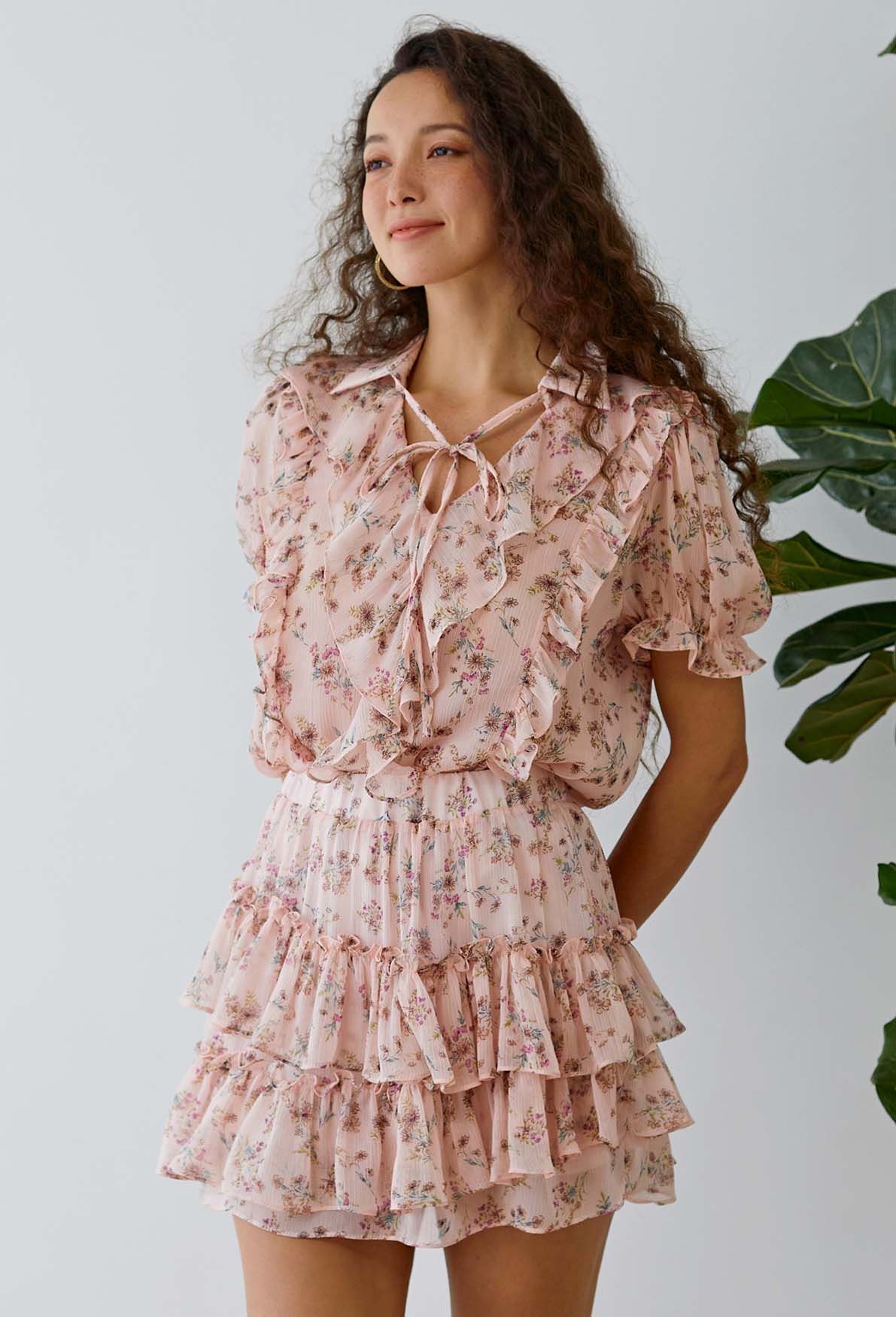 Ruffle Chiffon Top and Tiered Mini Skorts Set in Pink Floral