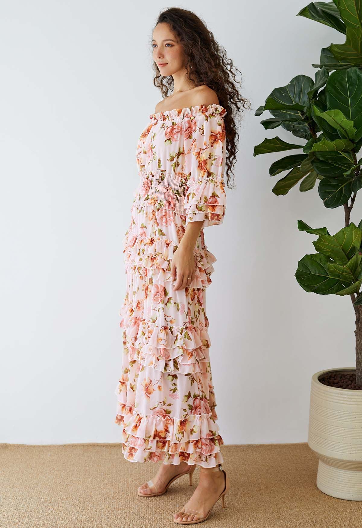 Tiered Ruffle Floral Off-Shoulder Chiffon Maxi Dress in Blush